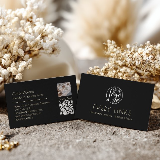 Elegant Black guld Permanent judisk QR-kod Visitkort (Elegant Black gold Permanent Jewelry QR Code Business Card)
