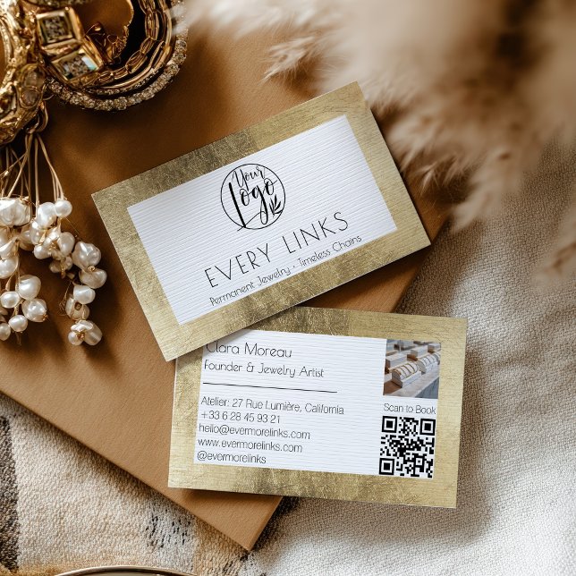 Elegant Black Guld Permanent judisk QR-kod Visitkort (Elegant Black Gold Permanent Jewelry QR Code Business Card)