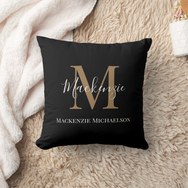 Elegant Black Guld Personlig Monogram Namn Kudde (Filt)