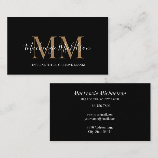 Elegant Black Guld Personlig Monogram Namn Visitkort (Fram/baksida)