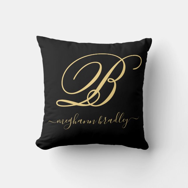  Elegant Black Guld Personlig Namn Monogrammed   Kudde (Framsida)