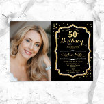 Elegant Black Guld Photo 50:e födelsedagen Inbjudningar<br><div class="desc">Elegant 50-årsinbjudan med ditt foto. Glam modern svart design med faux glitter guld. Har skript-typsnitt och -konfiguration. Perfekt för en snyggt vuxen under firande party. Anpassa med dina egna detaljer. Kan anpassas för vilken ålder som helst! Skrivna Zazzle-inbjudningar eller digital utskrivbar mall för omedelbar nedladdning.</div>
