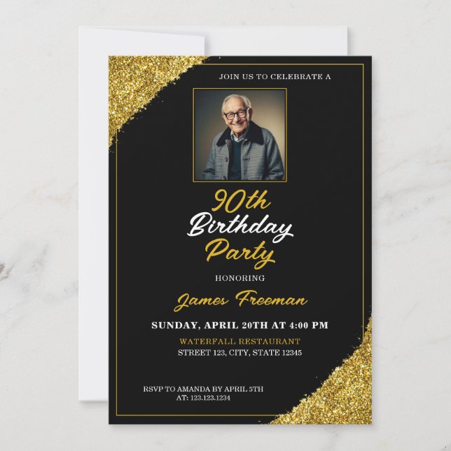 Elegant Black & Guld Photo 90:e Birthday Inbjudningar (Framsida)
