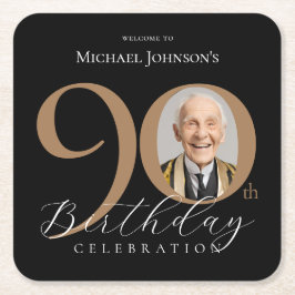 Elegant Black Guld Photo 90:e Födelsedagsfest Underlägg Papper Kvadrat