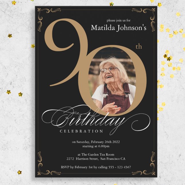 Elegant Black Guld Photo Anpassningsbar 90:e födel Inbjudningar (Elegant Black Gold Photo Custom 90th Birthday Invitation)