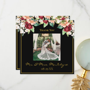 Elegant Black Guld Photo Burgundy Blommigt Photo Tack Kort