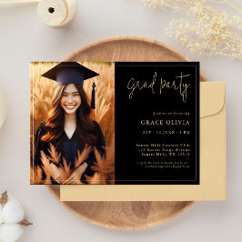 Elegant Black & Guld Photo Grad Party-inbjudan Inbjudningar