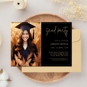 Elegant Black & Guld Photo Grad Party-inbjudan Inbjudningar