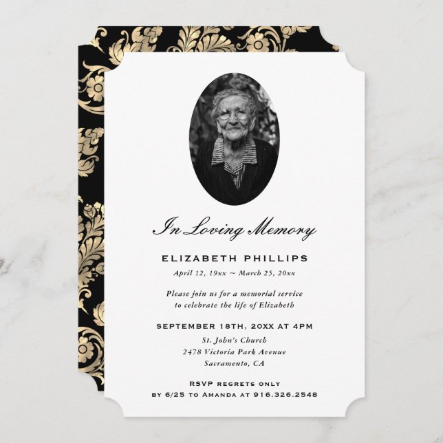 Elegant Black Guld Photo Memorial Inbjudningar (Fram/baksida)