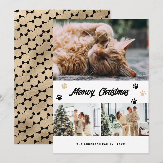 Elegant Black Guld Photo Meowy jul Card Julkort (Fram/baksida)