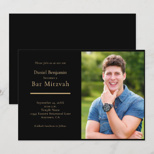 Elegant Black Guld Photo Pub Mitzvah Inbjudningar