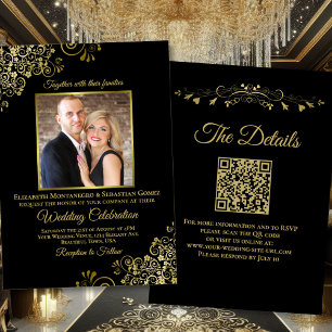 Elegant Black & Guld Photo & QR Code Bröllop Inbjudningar
