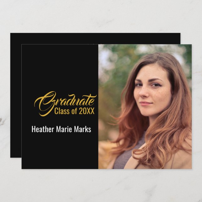 Elegant Black Guld Photo Studenten Firande Inbjudningar (Fram/baksida)