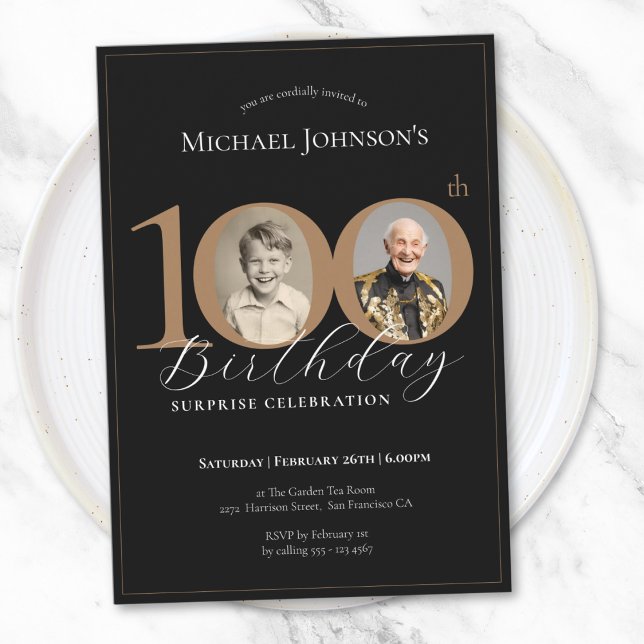 Elegant Black Guld Photo Surprise 100 Birthday Inbjudningar (Elegant Black Gold Photo Surprise 100th Birthday Invitation)
