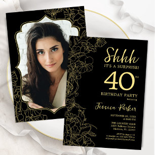 Elegant Black Guld Photo Surprise 40:e födelsedage Inbjudningar