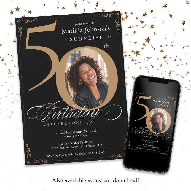 Elegant Black Guld Photo Surprise 50:e födelsedage Inbjudningar (Surprise 50th Birthday Elegant Black Gold Photo Invitation)