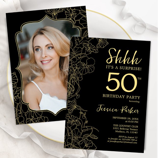 Elegant Black Guld Photo Surprise 50:e födelsedage Inbjudningar (Skapare uppladdad)