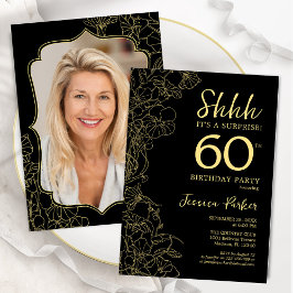 Elegant Black Guld Photo Surprise 60:e födelsedage Inbjudningar