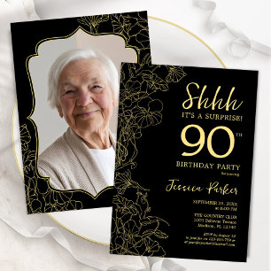 Elegant Black Guld Photo Surprise 90:e födelsedag Inbjudningar