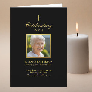 Elegant Black Guld Photos Funeral Order of Service Program