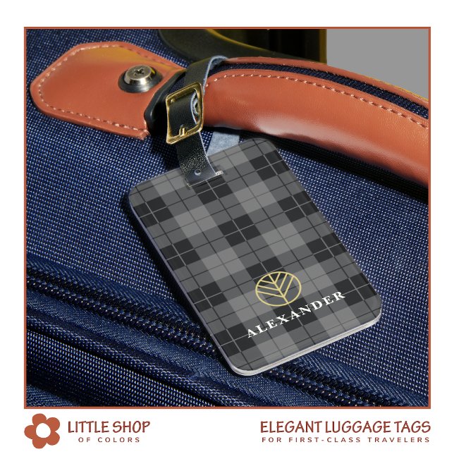 Elegant Black Guld Play Tartan Monogram Bagagebricka (Skapare uppladdad)