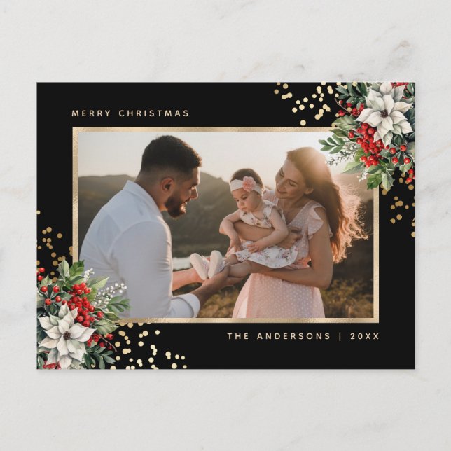 Elegant Black Guld Poinsettia Holly Berries Photo Helg Vykort (Framsida)