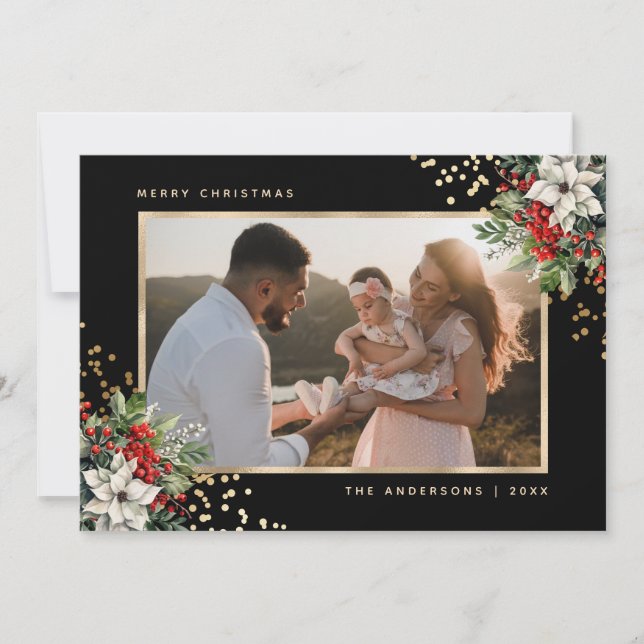 Elegant Black Guld Poinsettia Holly Berries Photo Julkort (Framsida)
