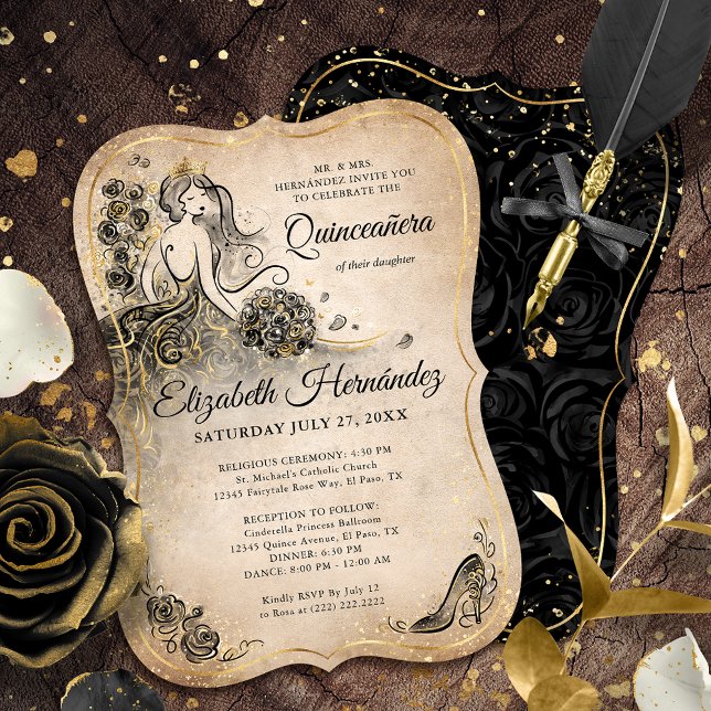Elegant Black Guld Princess Quinceanera Birthday Inbjudningar (Unique, elegant black and gold princess quinceanera invitations on an easy DIY template.)