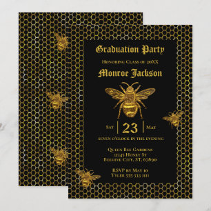 Elegant Black Guld Queen Bee Beehive Studenten Inbjudningar