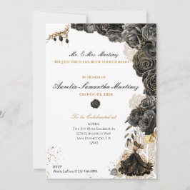 Elegant Black & Guld Quinceañera-inbjudan till Blo Inbjudningar