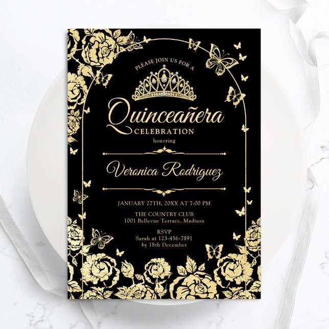 Elegant Black Guld Quinceanera Inbjudningar (Skapare uppladdad)