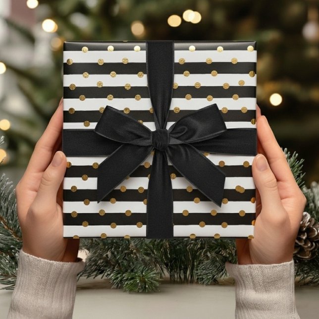 Elegant Black Guld Rand & Dots julgåva Presentpapper (Elegant Black Gold Stripes & Dots Christmas Gift Wrapping Paper)