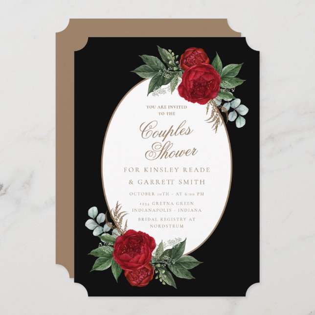 Elegant Black & Guld Red Blommigt Couple Shower Inbjudningar (Fram/baksida)