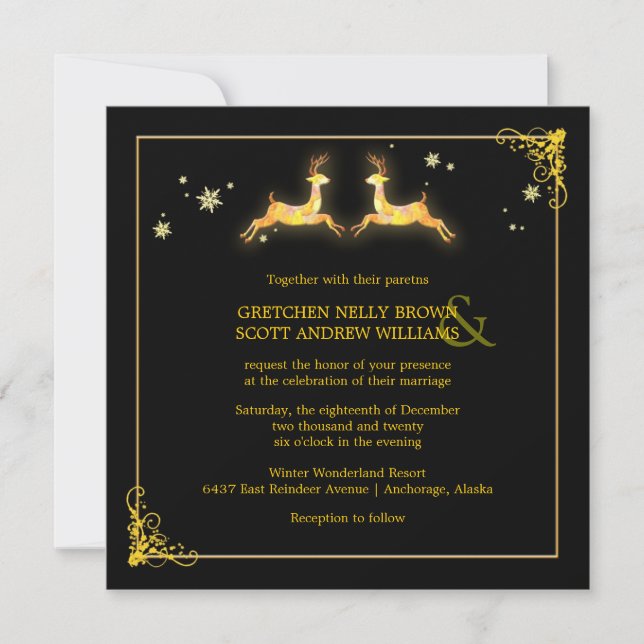 Elegant Black Guld Reindeer Winter Wedding Inbjudningar (Framsida)