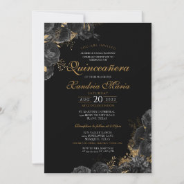 Elegant Black Guld Ro Blommigt Quinceanera Inbjudningar