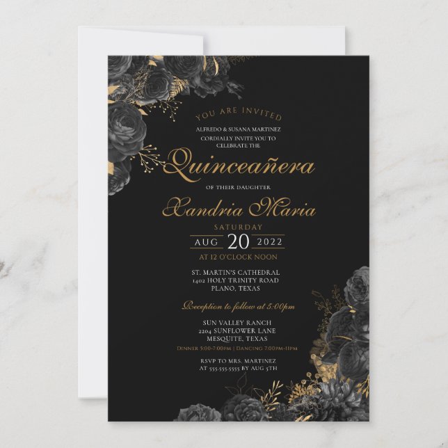 Elegant Black Guld Ro Blommigt Quinceanera Inbjudningar (Framsida)