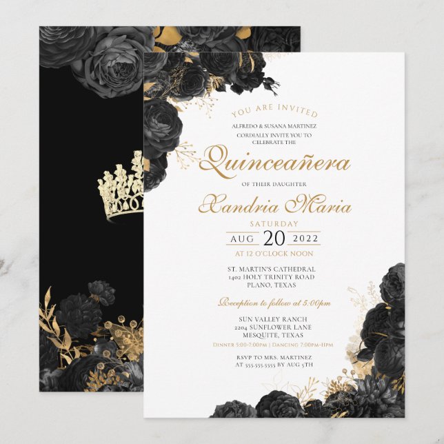 Elegant Black Guld Ro Blommigt Quinceanera Inbjudningar (Fram/baksida)