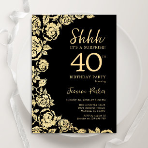 Elegant Black Guld Ro Surprise 40:e födelsedagen Inbjudningar