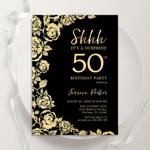 Elegant Black Guld Ro Surprise 50:e födelsedagen Inbjudningar