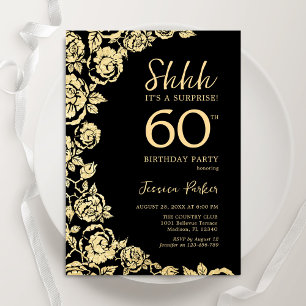 Elegant Black Guld Ro Surprise 60:e födelsedagen Inbjudningar