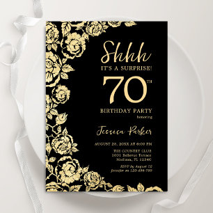 Elegant Black Guld Ro Surprise 70:e födelsedagen Inbjudningar