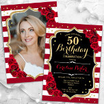 Elegant Black Guld Röd ros Photo 50:e födelsedagen Inbjudningar<br><div class="desc">Femininininbjudan till elegantens blommigt på 50 års födelsedag med ditt foto på baksidan av kortet. Glam svartvit design med faux glitter guld. Funktioner rand, röd ros, typsnitt för skript och confietti. Perfekt för en snyggt vuxen under firande party. Anpassa med dina egna detaljer. Kan anpassas för vilken ålder som helst!...</div>