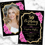 Elegant Black Guld Rosa Photo 50:e födelsedagen Inbjudningar<br><div class="desc">Elegantens blommigt 50-årsinbjudan med ditt foto på baksidan av kortet. Glam Black and rosa design med faux glitter guld. Funktioner rosa ros, typsnitt för skript och konfiguration. Perfekt för en snyggt vuxen under firande party. Anpassa med dina egna detaljer. Kan anpassas för vilken ålder som helst! Skrivna Zazzle-inbjudningar eller digital...</div>