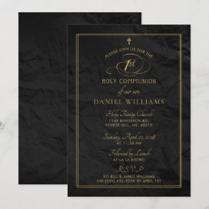 Elegant Black & Guld Script 1:a Heligan Communion Inbjudningar