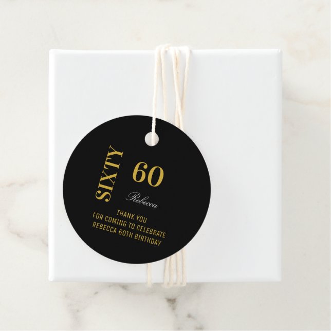 Elegant Black Guld Script 60 Birthday Tack Gåvor Etiketter (På plats)