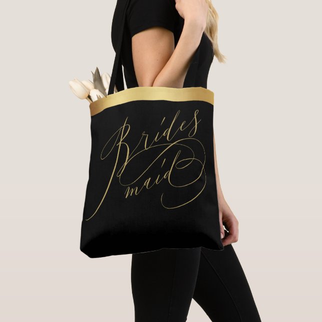 Elegant Black Guld Script Bridesmaid Tote Bag Tygkasse (Närbild)
