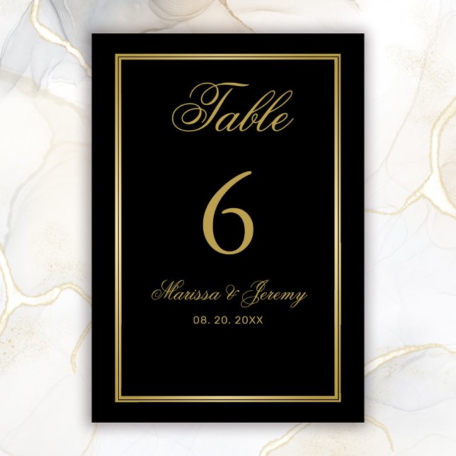 Elegant Black Guld Script Calligraphy Bröllop Bordsnummer (Elegant Black and Gold Wedding Table Number Card)