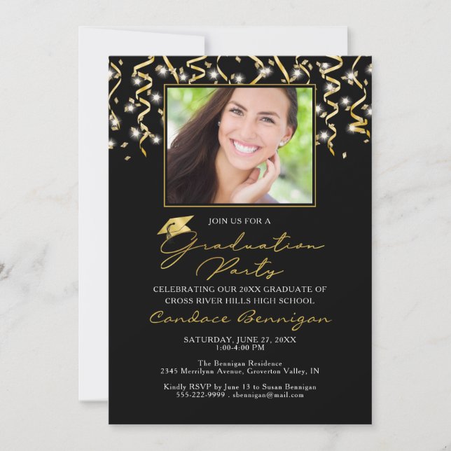 Elegant Black Guld Script Confetti Student Invita Inbjudningar (Framsida)