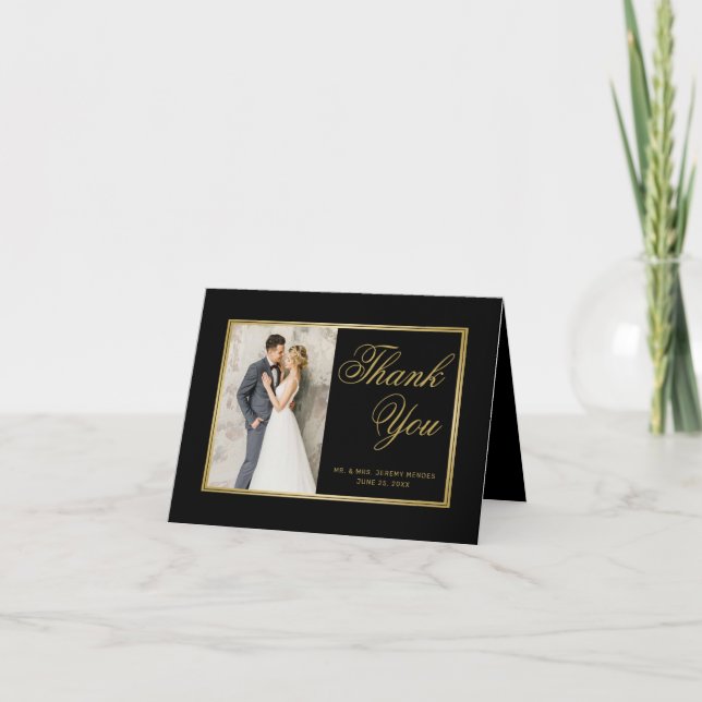 Elegant Black Guld Script Heart Photo Bröllop Tack Kort (Framsida)