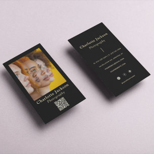 Elegant Black & Guld Script l Photo & Qr-kod Visitkort